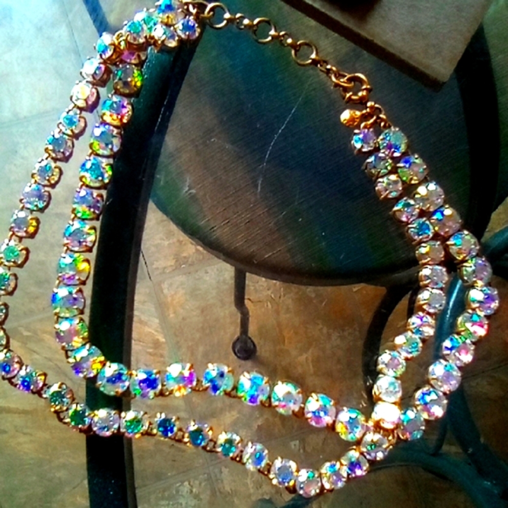 Gold Double-Strand Necklace with Iridescent Faceted Stones